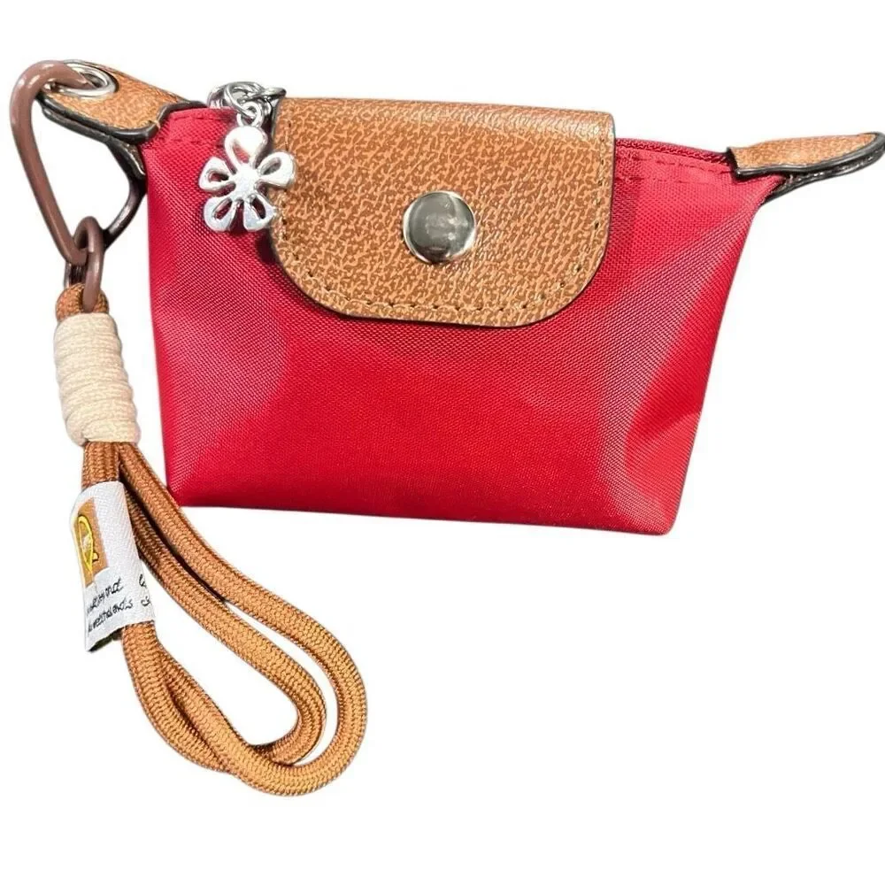 Mini purse charm Red Tan Leather Coin Wallet Nylon Zipper Wristlet Loop flower